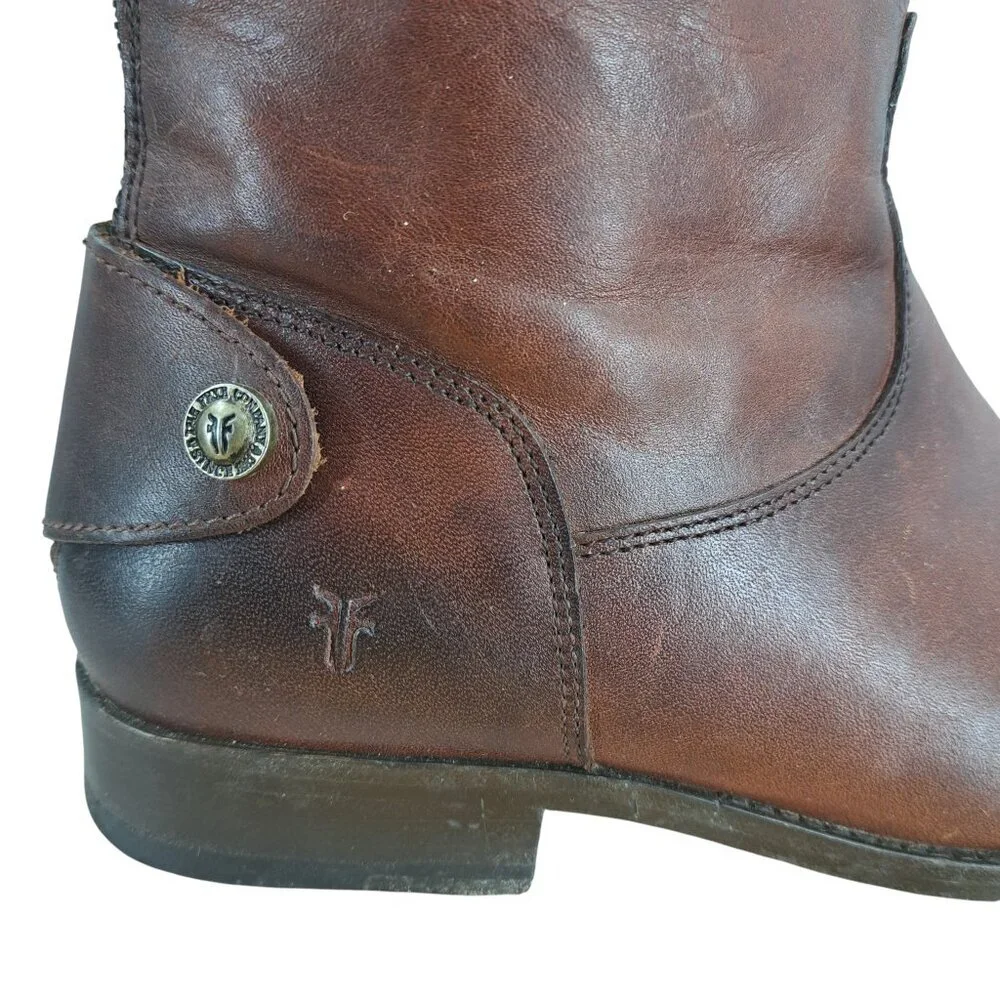 Frye Melissa Knee High Leather Brown Riding Boots Size 6.5 Distressed Snap Zip